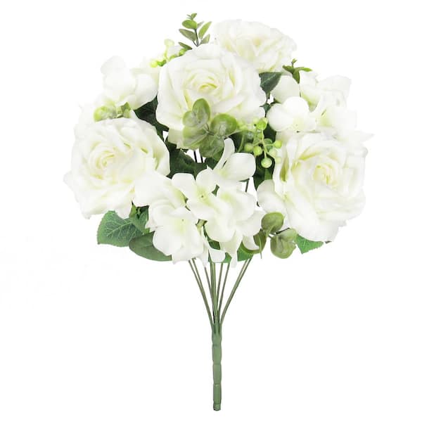 19 in. Cream White Artificial Elegant Rose Hydrangea Flower Stem Bush Bouquet (Set of 2)