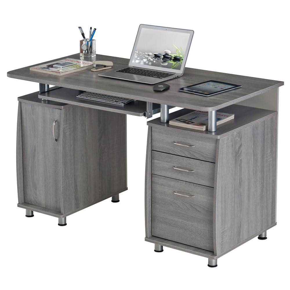 Gray Rectangular Workstation Desk with Storage and Keyboard Tray