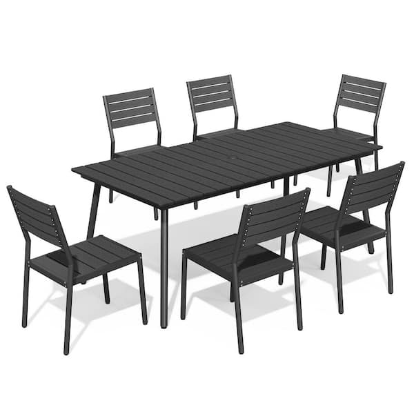 70 in. Black Aluminum Outdoor Dining Table with Umbrella Hole and Stackable Dining Chairs (Set of 6)