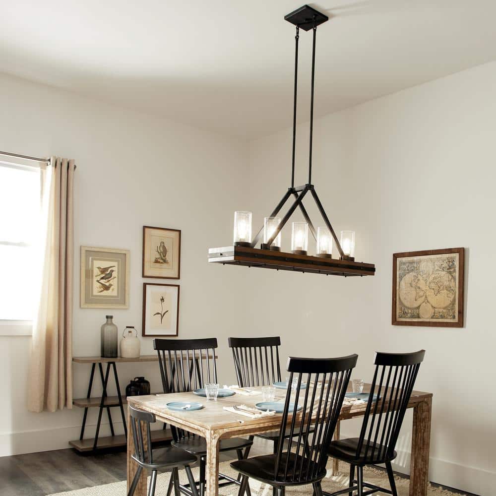 Auburn Stained Wood and Bronze 5-Light Linear Chandelier