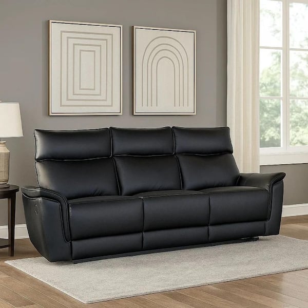 Lenne 86 in. Pillow Top Arm Leather Rectangle Manual Reclining Sofa Black