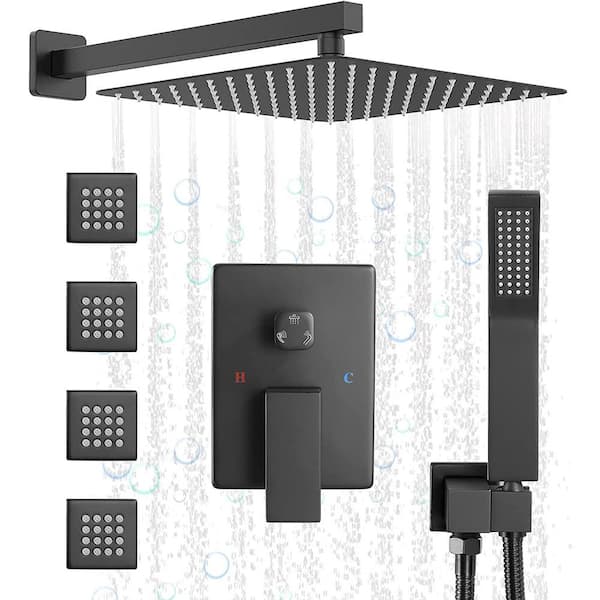 Kingdely 4# Body Jetted Showers Spray Jets Combo With Handheld Shower, 10 in. Rain Shower Head in Black (Valve Included)