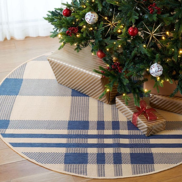 Courtyard Beige/Blue 3 ft. x 3 ft. Plaid Indoor/Outdoor Round Area Rug