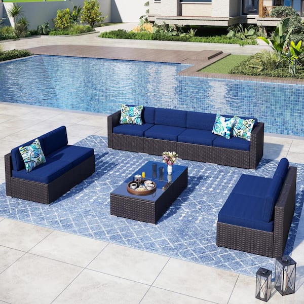 PHI VILLA Dark Brown Rattan Wicker 8 Seat 10-Piece Steel Outdoor Patio Conversation Set with Blue Cushions and Coffee Tables