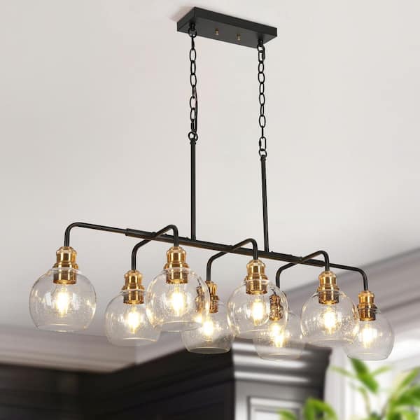 Transitional Kitchen Island Linear Chandelier 8-Light Black and Brass Chandelier with Seeded Glass Shades