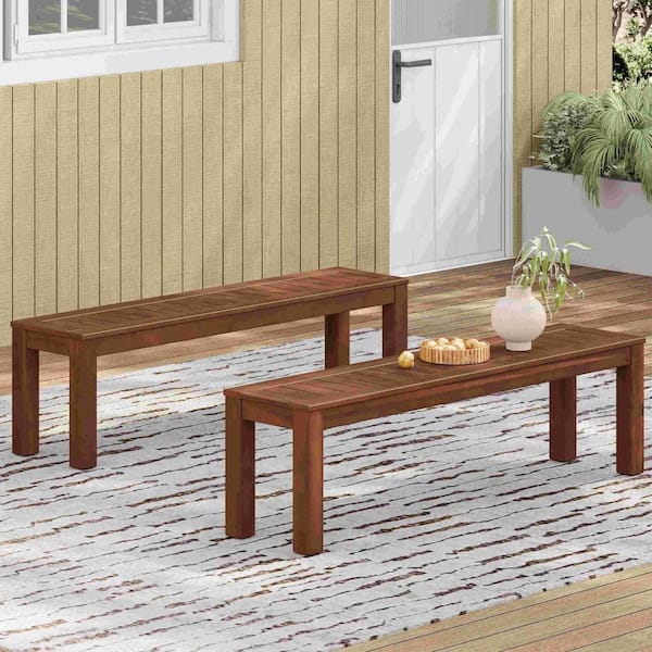 Miscool Anky 61.75 in. W 2-Person Dark Brown Wood Outdoor Bench (Set of 2)