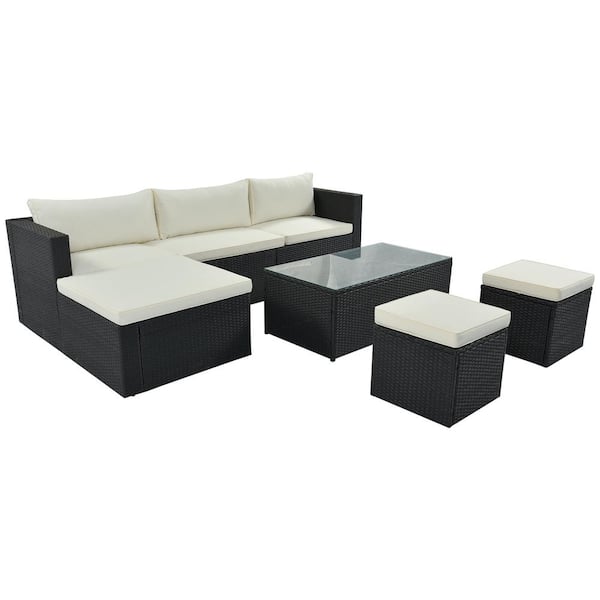 Unbranded Natalie Black 5-Piece Wicker Outdoor Sectional Set with Adjustable Backrest, Beige Polyester Cushion and Coffee Table