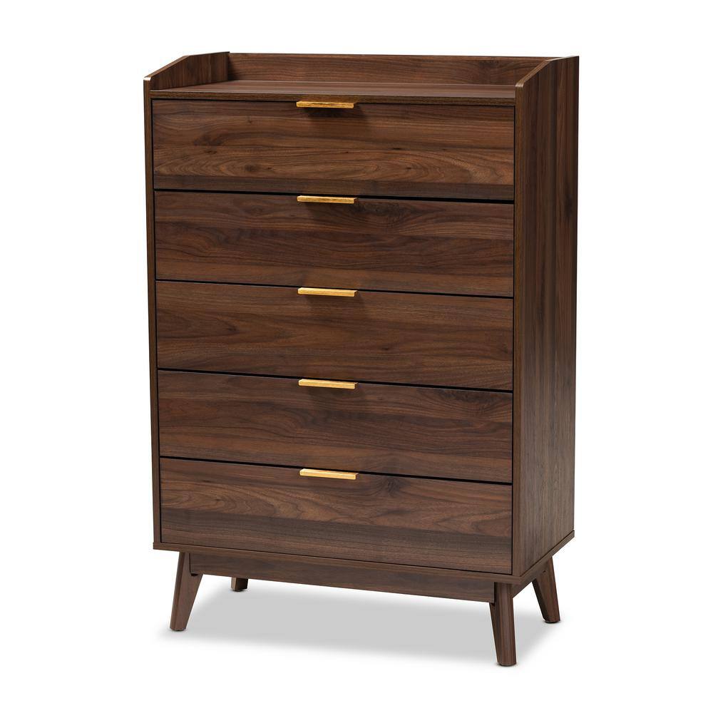 Walnut Brown Mid-Century 5-Drawer Chest with Gold-Tone Handles