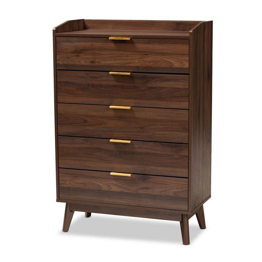 Walnut Brown Mid-Century 5-Drawer Chest with Gold-Tone Handles