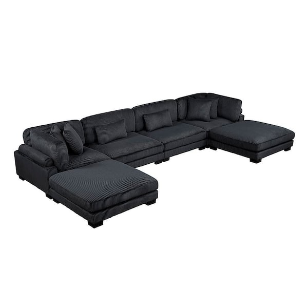 Turbo 180 in. Pillow Top Arm 6-Piece Corduroy Fabric Modular Sectional Sofa in. Black with Ottoman