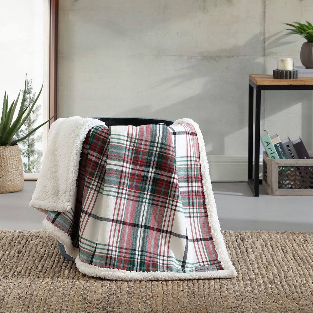 60" Red and Green Plaid Reversible Sherpa Cotton Throw Blanket