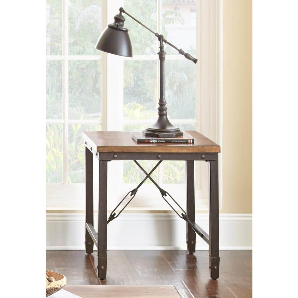 Antiqued Honey Brown Industrial Square End Table