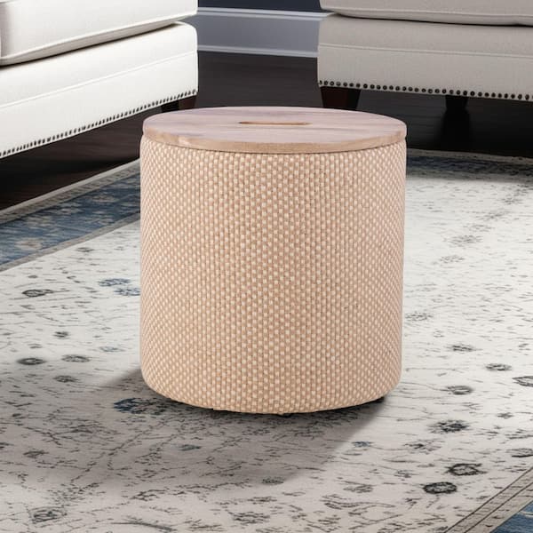 Carolina Chair & Table Handwoven Zeus Jute Check 16 in. Round Storage Ottoman with Wood Top