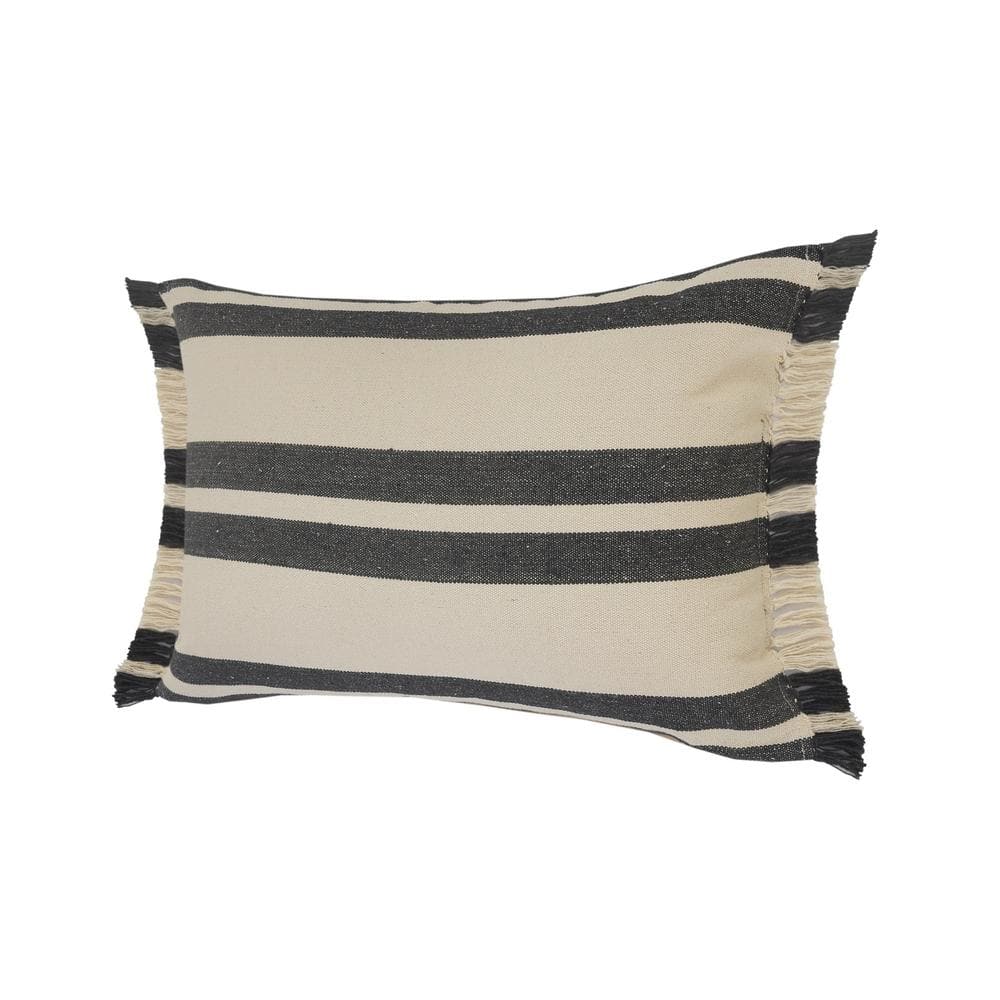 Gray and White Cotton Lumbar Pillow with Fringe, 16" x 24"