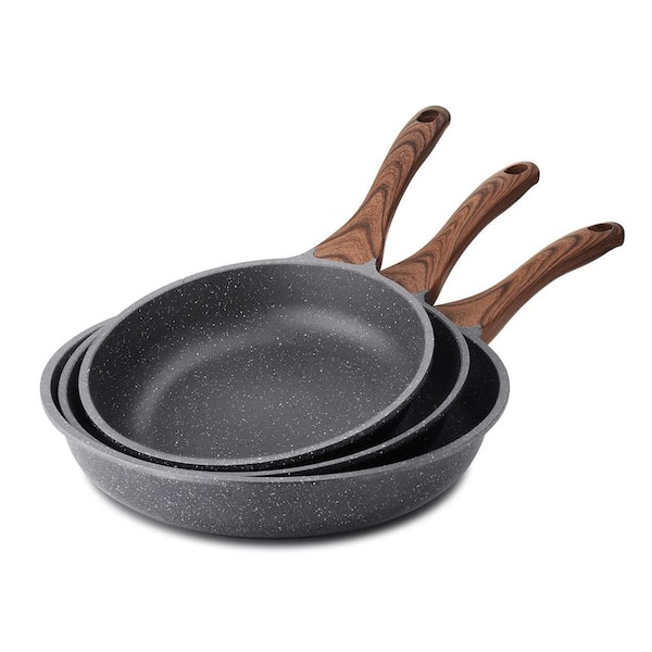 3-Piece Granite Nonstick Cast Aluminum Frying Skillet Set in Gray with Induction Compatibility