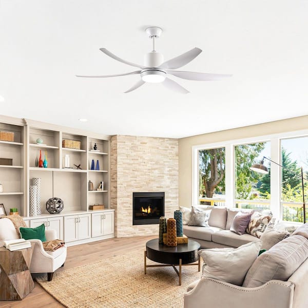 56 in. White Metal Housing and ABS Blades Downrod Mount Ceiling Fan with Lights and Remote Control, 6 Speed, DC Motor