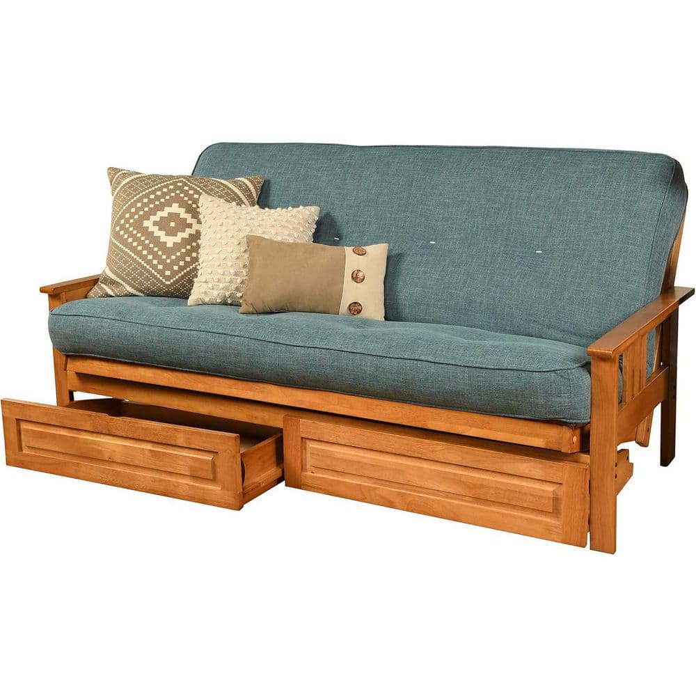 79 in. Butternut/Linen Aqua Linen Upholstered Full Size Futon Set with Mattress and Storage Drawers