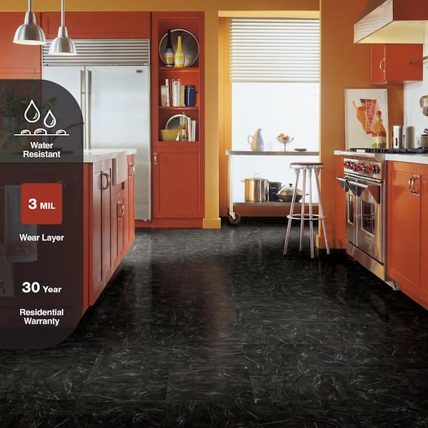 Black Marble 3 MIL x 12 in. W x 12 in. L Peel and Stick Water Resistant Vinyl Tile Flooring (30 sq. ft./case)