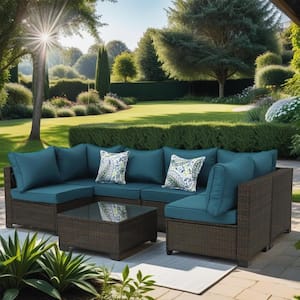 7-Piece Brown Rattan Wicker Outdoor Patio Conversation Sectional Sofa with Peacock Blue Cushions and Coffee Table