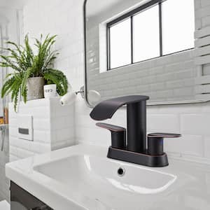 4 in. Centerset Double-Handle Waterfall Bathroom Sink Faucet Stainless Steel with Pop Up Drain Kit in Oil Rubbed Bronze
