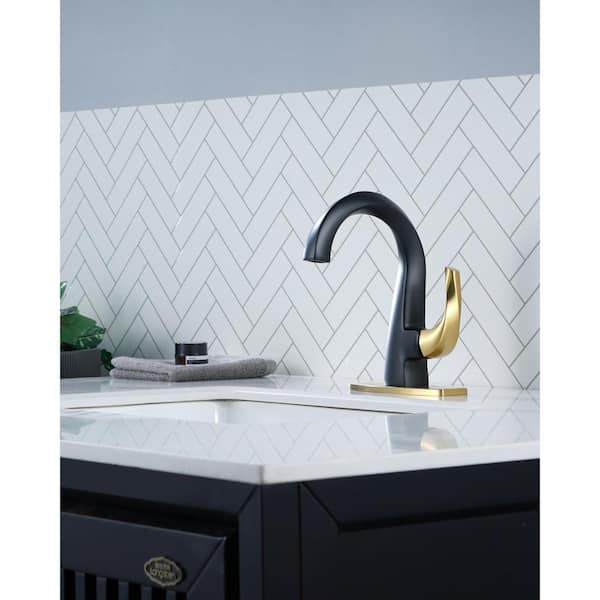 Single Handle Single Hole Bathroom Faucet with Deckplate, Pop Up Drain and Supply Lines Included in Black and Gold