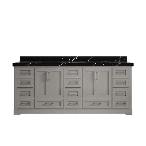 Willow Collections Boston 84 in. W x 22 in. D x 36 in. H Double Sink Bath Vanity in Elephant Gray with 2 in. Calacatta Black Quartz Top