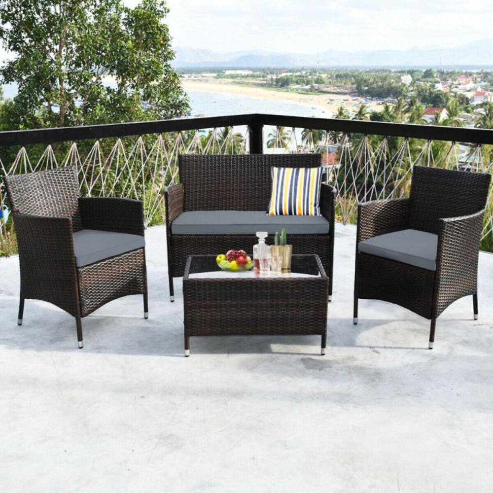 4-Piece Gray Rattan Wicker Patio Sofa Set with Cushions and Coffee Table
