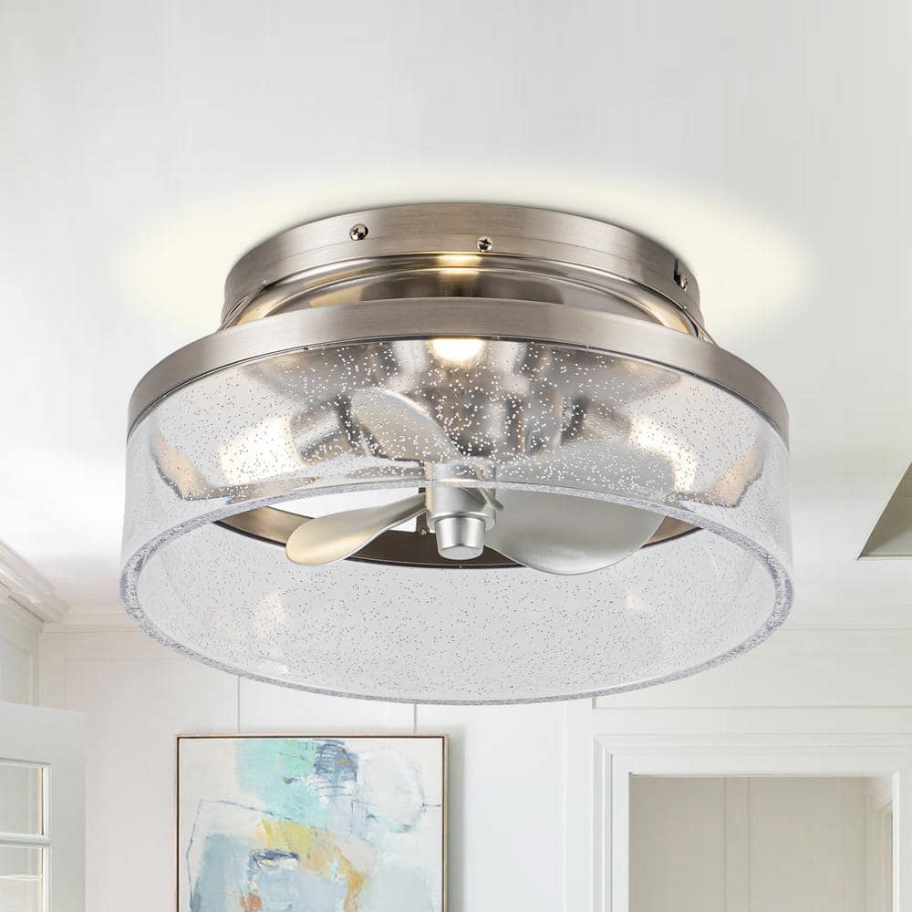 12.6 in. Indoor Stain Nickel Flush Mount Caged Ceiling Fan with Remote Control and DC Motor, Light Bulbs Included -  IHOMEadore, MD-F8299110V