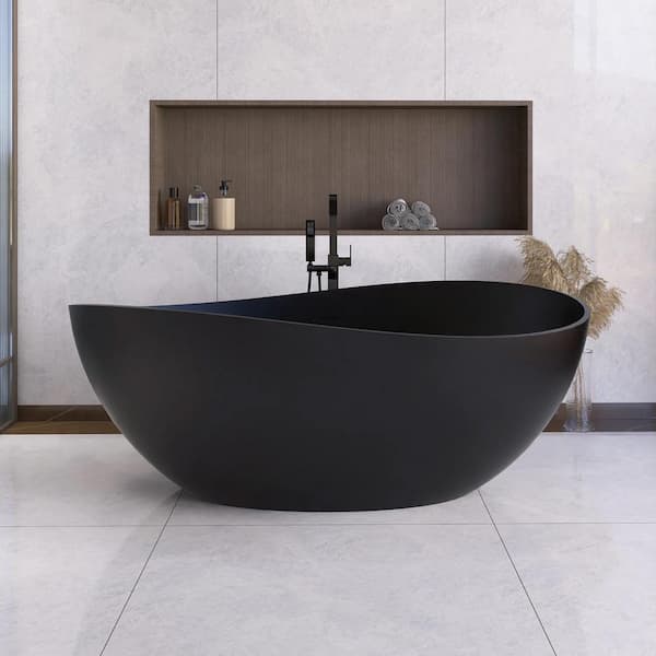 JimsMaison 63 in. x 37.4 in. Solid Surface Freestanding Soaking Bathtub with Center Drain in Black