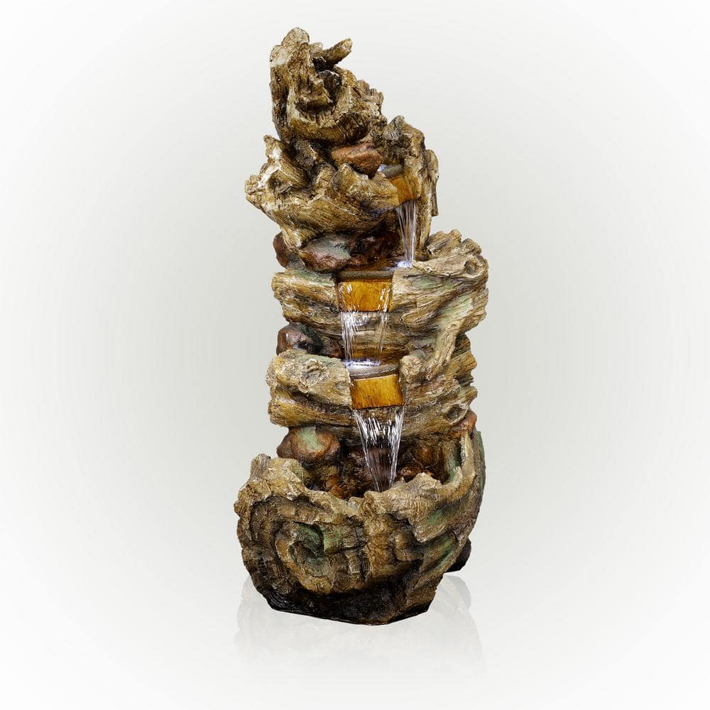 Alpine 5-Tier Waterfall Trunk Fountain with LED Lights, 47" Tall