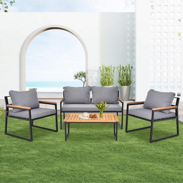 Winado 4 Piece Metal Frame with Acacia Wood Armrest and Tabletop Patio Conversation Set with Gray Cushions