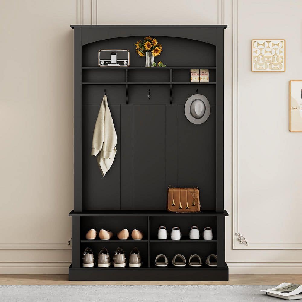 47.2 in. W x 15.7 in. D x 75.3 in. H Black Wood Hall Tree with Open Storage