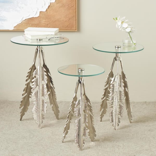 Litton Lane 16 in. Silver Leaf Round Glass and Metal End Table with Tripod Legs and Tempered Glass Top (3-Pieces)