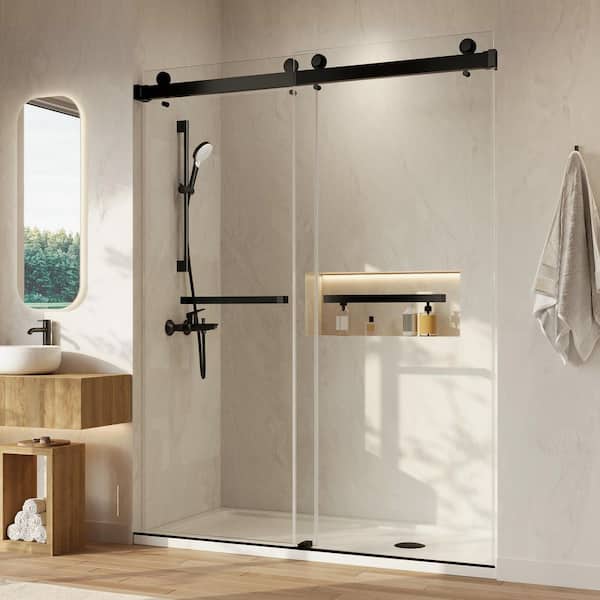 58-60 in. W x 76 in. H Double Sliding Frameless Alcove Shower Door in Matte Black with 3/8 in. Clear Tempered Glass
