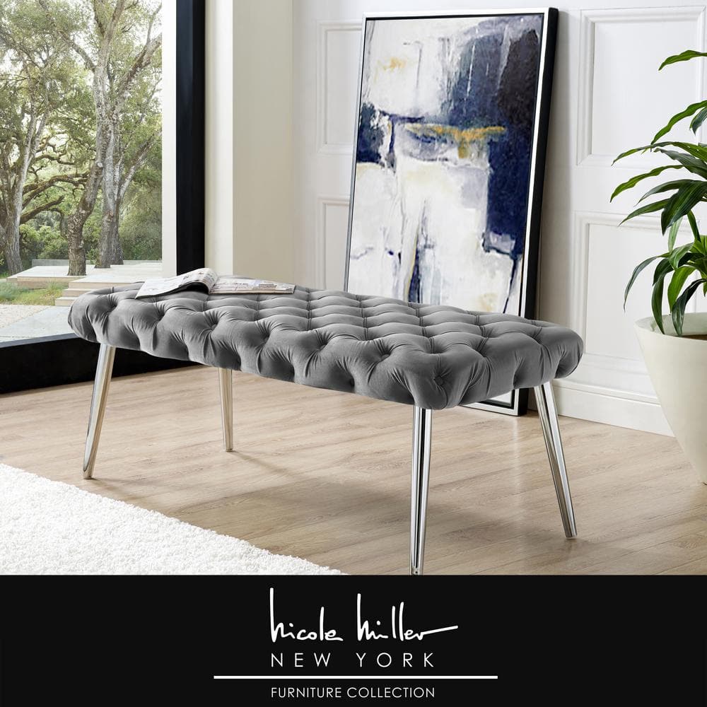 Nicole Miller Shannyn Home Button Grey/Chrome The Tufted - NBH130-02GR-HD Leg Metal Velvet Bench with Depot