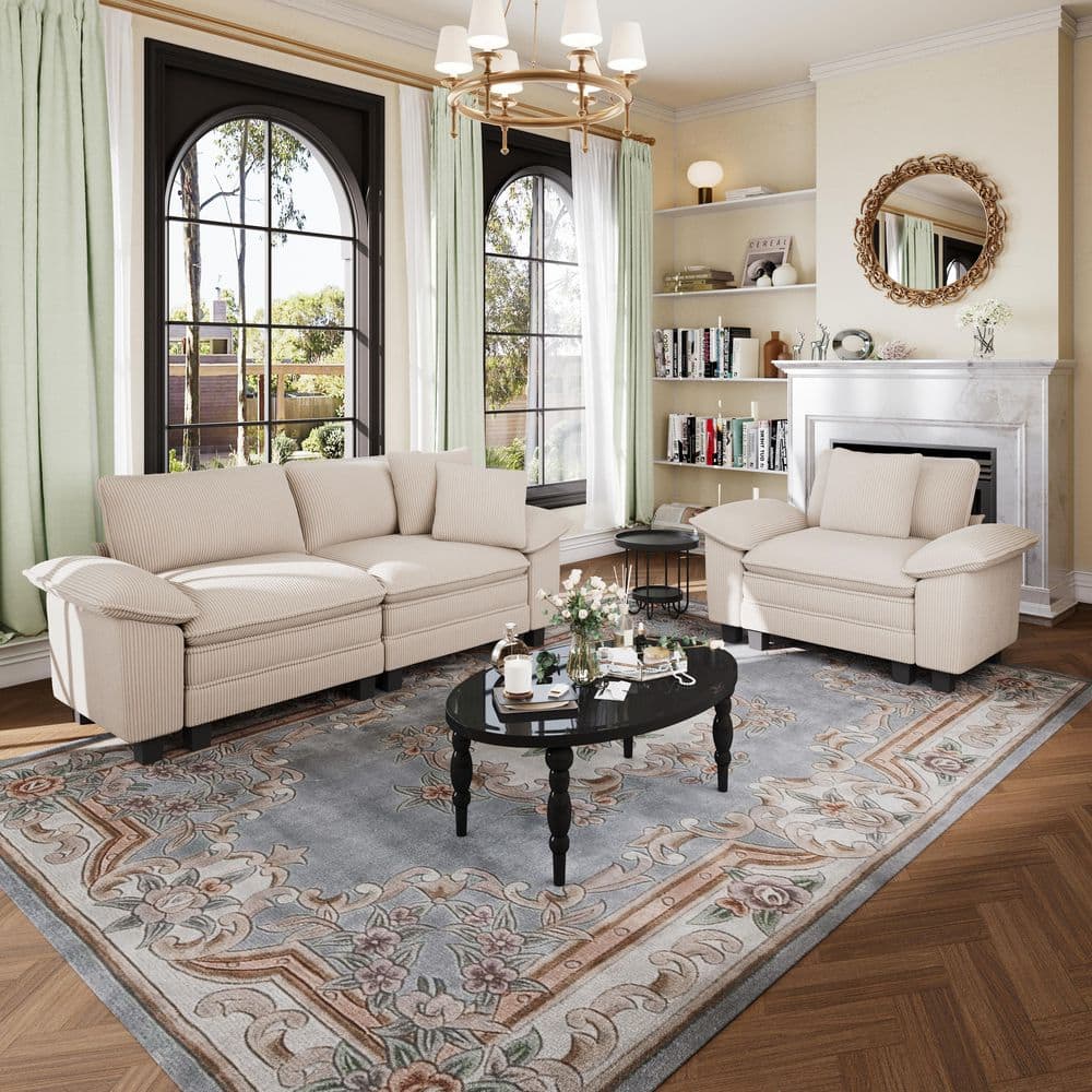 87.5 in. Flared Arm 3-Seat Corduroy Fabric Modular Sectional Sofa in. Beige with Throw Pillows for Living Room