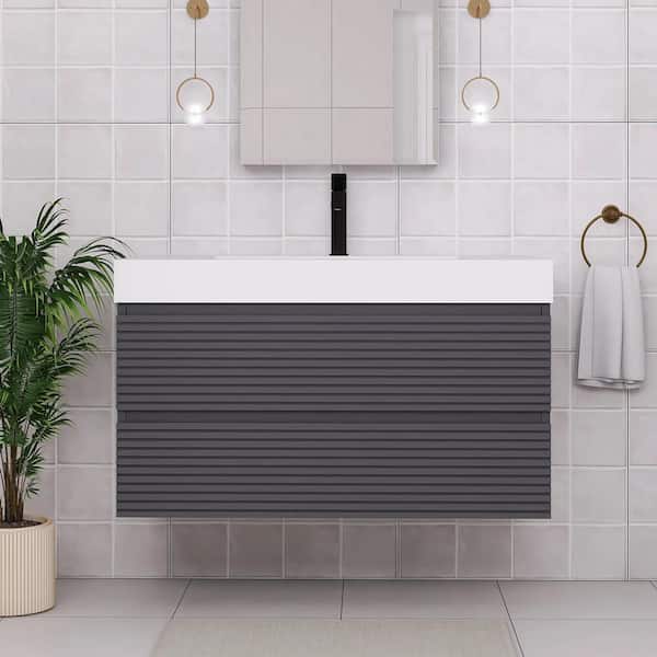 Boosicavelly 35.83 in. W Wall-Mounted Bath Vanity in Gray with White Acrylic Top