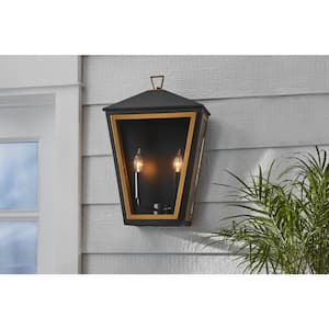 Lampson 20.375 in. 2-Light Black with Gold Hardwired Tapered Outdoor Wall Lantern Sconce
