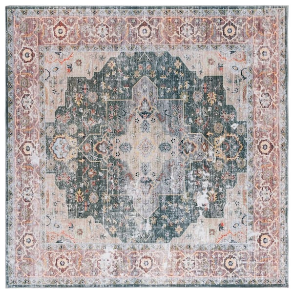 Arizona 4 ft. x 4 ft. Green/Light Brown Machine Washable Border Ornate square Area Rug