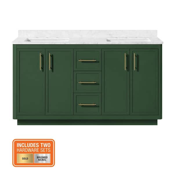 Tamsin 60 in. Double Sink Forest Green Bath Vanity with White Round Corner Engineered Marble Top (Assembled)