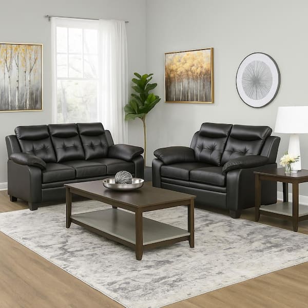 Finie 2-Piece Black Faux Leather and Soft Foam Living Room Set