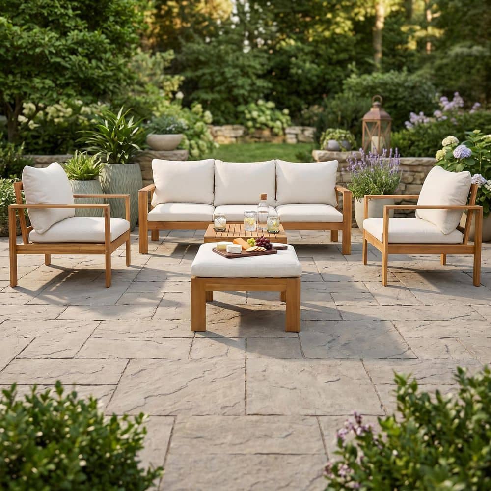 Teak 5-Piece Acacia Wood Outdoor Sectional Set All-Weather Patio Furniture Set with Beige Cushion for Garden Backyard price history on PriceWatchPro