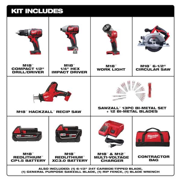 M18 18V Lith-Ion Cordless Combo Kit (5-Tool) w/ 3. 0Ah & 1. 5Ah Battery, Charger, Tool Bag, & Recip Saw Blade Set
