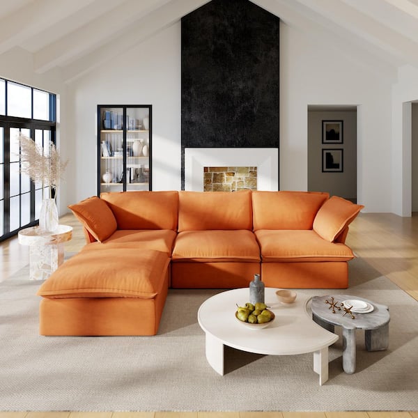 122.82 in. Flared Arm 4-Piece Linen Down Couch Modular Sectional Sofa with Removable Cover, Storage Ottoman in Orange