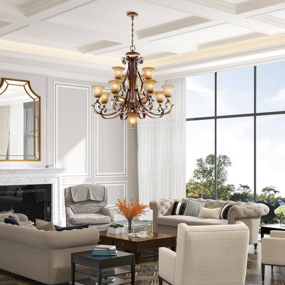 Villa Verona 13-Light Chandelier in Bronze with Rustic Art Glass