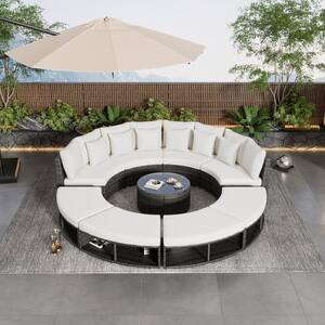 9-Piece Wicker Outdoor Sectional Sofa Set, Patio Round Conversation Seating Groups with Beige Cushions