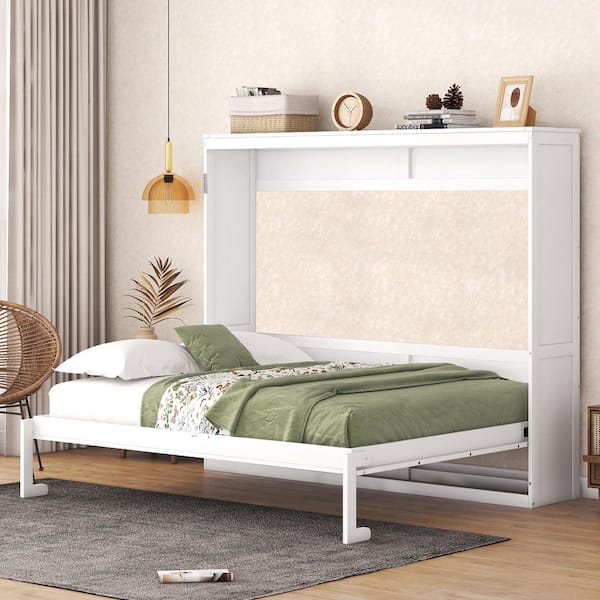 White Wood Frame Queen Size Murphy Bed, Wall Bed Folded into a Cabinet