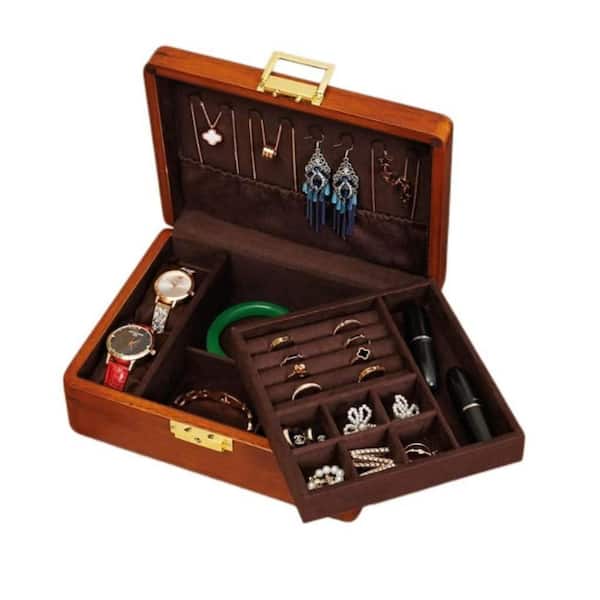 Unbranded 2-Layer Wooden Jewelry Box with Lock & Key-Vintage Velvet Organizer for Rings, Necklaces, 9.1 in. x 7.1 in. x 3.3 in.