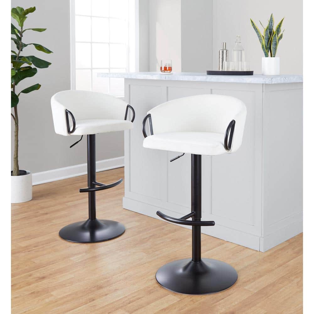 Set of 2 Adjustable Black Metal and Cream Velvet Swivel Barstools