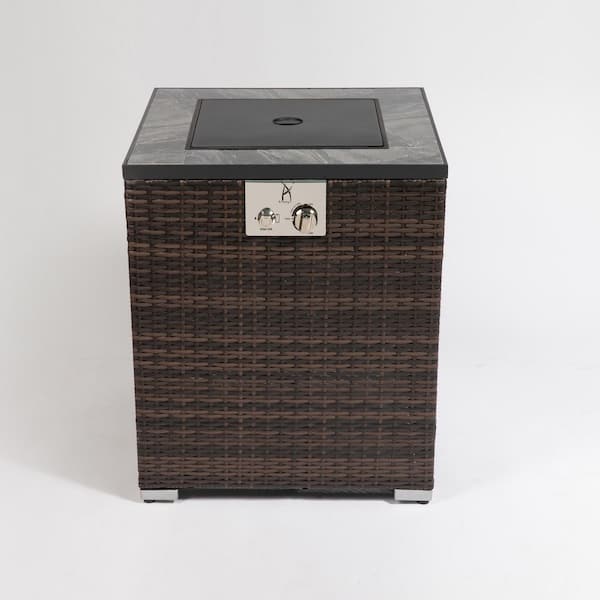 Alyssa 23.6 in. 50000 BTU Dark Brown Steel and Wicker Propane Outdoor Patio Fire Pit with Windshield, Lid, Rain Cover